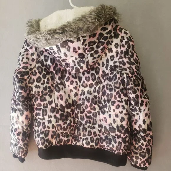 Justice Girls Leopard Print Winter Jacket Faux Fur Hood Interior Size L 12 14 - Picture 8 of 10